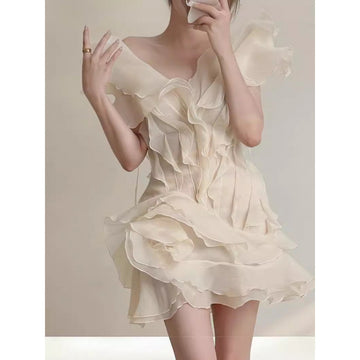 Niche French Style Ruffled Fairy Slim Fit Socialite Lazy Off-Shoulder Irregular Dress