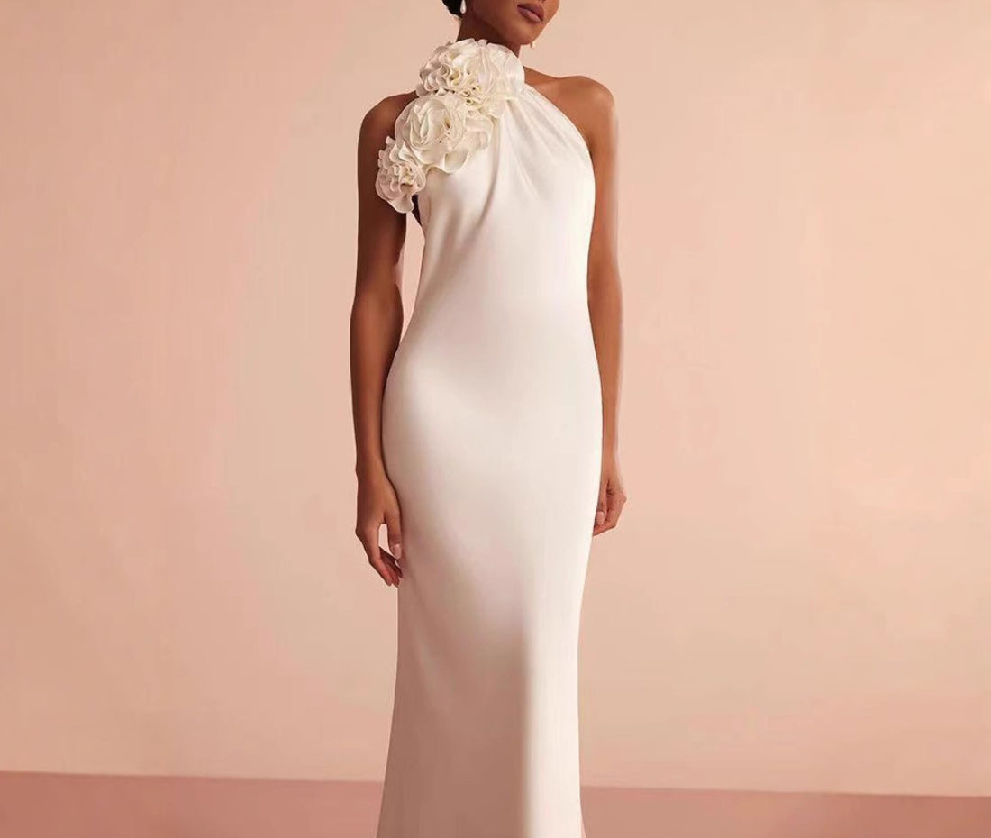 Neck Backless Evening Dress French Niche Elegant Vacation Style Three-Dimensional Flower dress