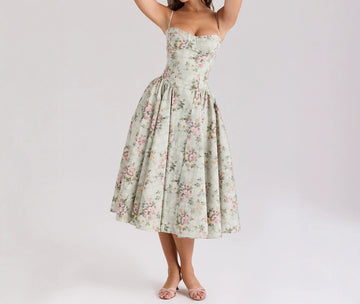 Vintage Green Printed Square Neck Three-Dimensional Underwire Waist-Cinching Pleated Strap Dress Long Dress