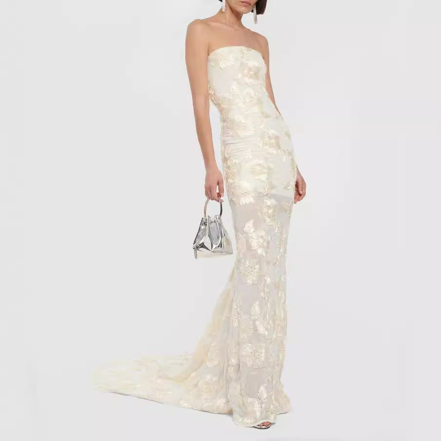 Off-Shoulder Slim Fit Large Hem Floor-Length Dress Gown