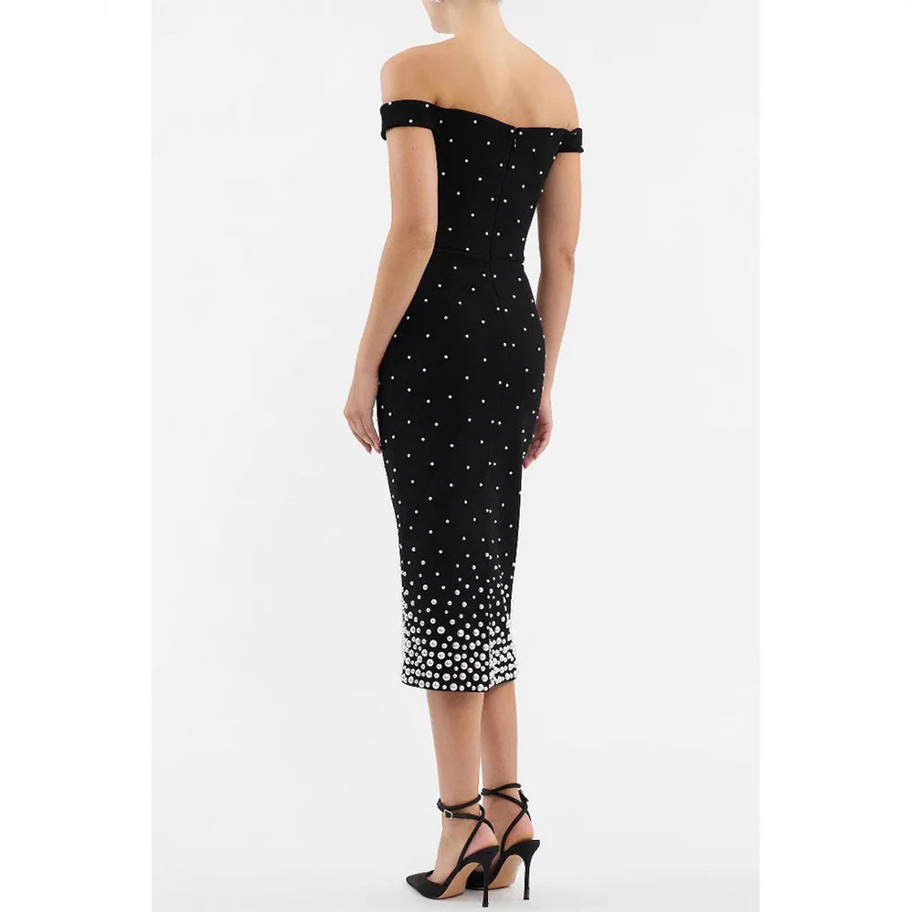 Black Off-Shoulder Dress with Bubble Bead Embellishments