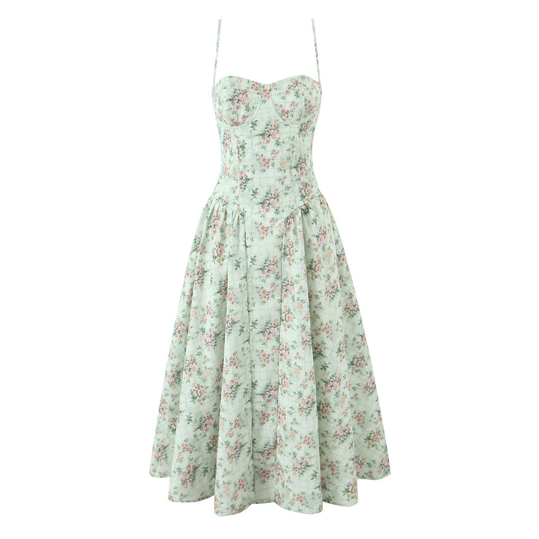 Vintage Green Printed Square Neck Three-Dimensional Underwire Waist-Cinching Pleated Strap Dress Long Dress