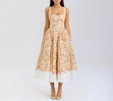 Printed Pastoral Style Vacation Square Neck Mid-Length Dress