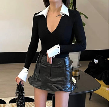 Black Hip Mini Leather Skirt Women's American-style Sweet Spice Girl's Ruffled Skirt