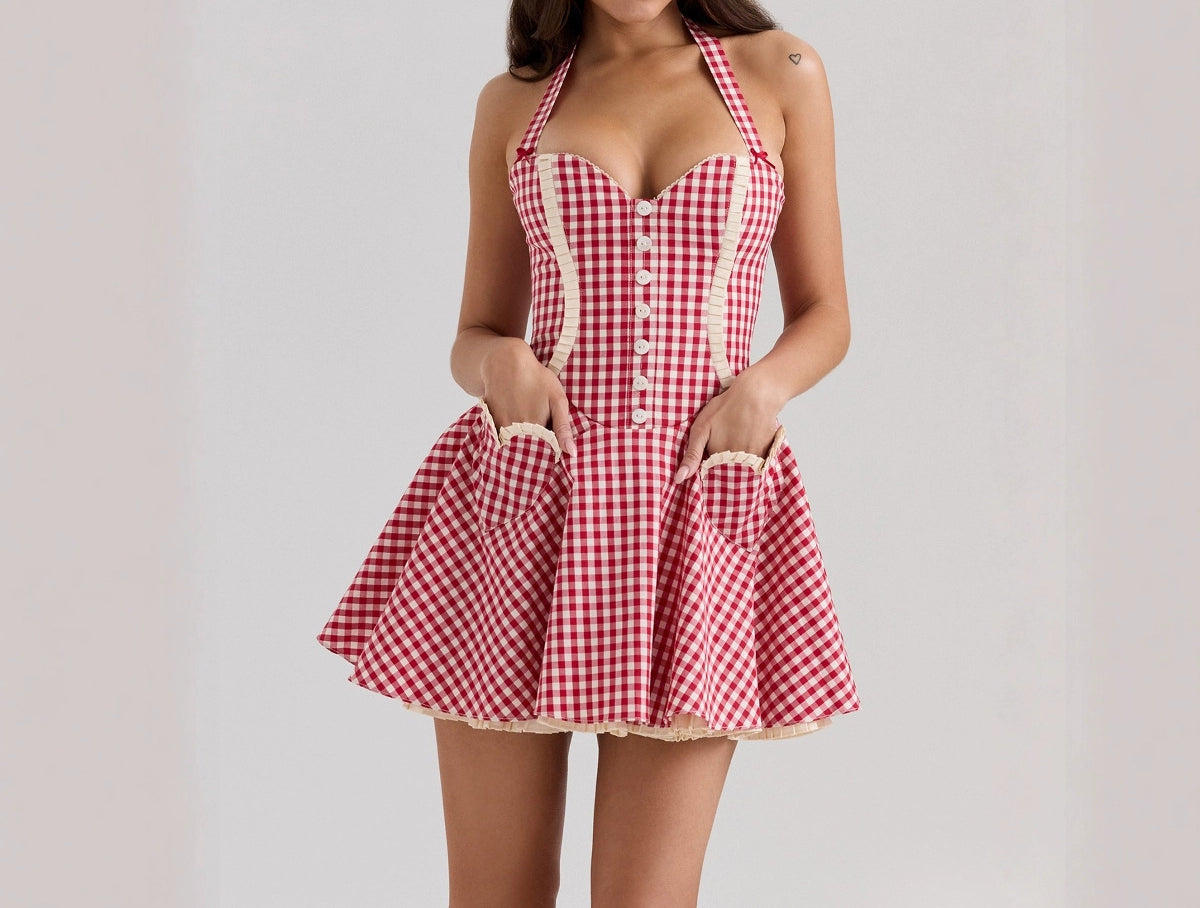 First Love Sweet Red Plaid Heart Pocket Halter Neck Backless Waist Mini Dress for Women