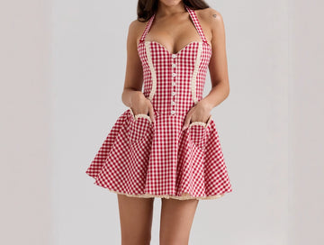 First Love Sweet Red Plaid Heart Pocket Halter Neck Backless Waist Mini Dress for Women