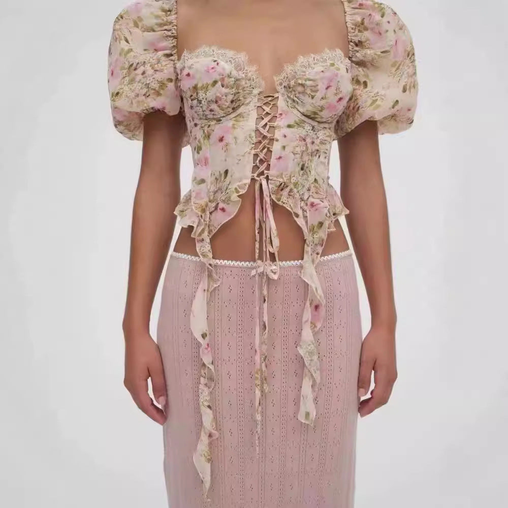 Floral Square Collar Self-Tie Chiffon Shirt Sweet Spicy Wooden Ear Puff Sleeve Slimming Top