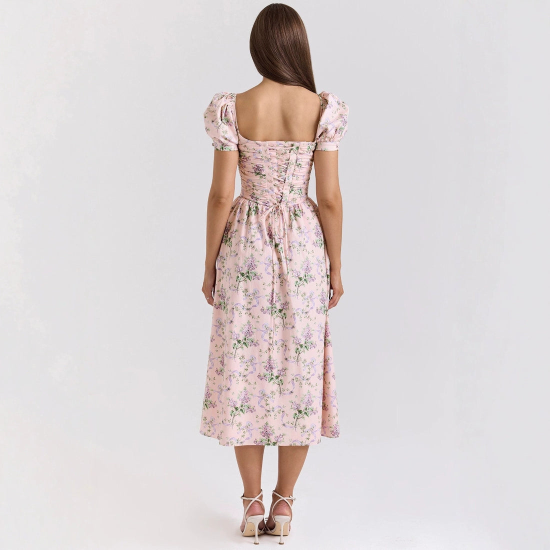 Romantic Pink Fresh Bubble Short-sleeved Square Collar Slimming Mid-length Floral dress