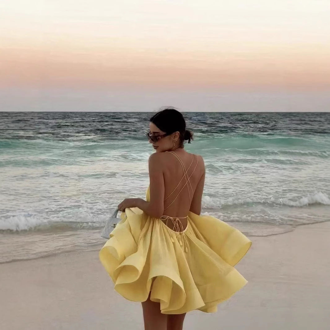 Sexy Deep-Neck Strap V Off-Shoulder Pleated Puff Dress