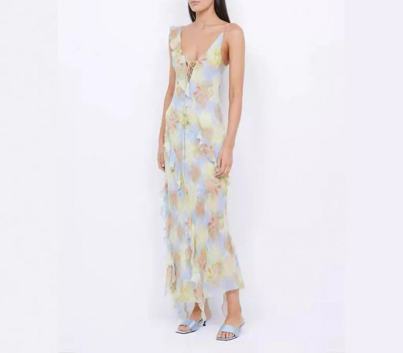 Chiffon Sweet Ruffle Vacation Style Dress Vacation