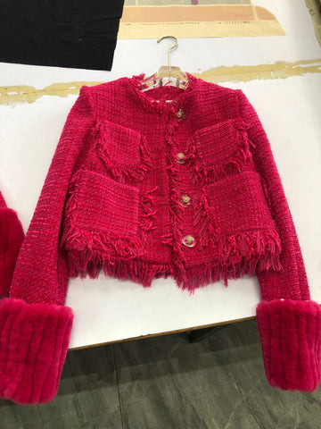 Trendy Little Chanel Style Coat for Women, Autumn Winter Design, Niche Socialite Elegant Rose Red Tweed Set