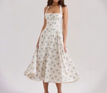 Romantic Vintage Floral Elegant Strapless Waist Hanging Halter Backless dress Long Dress