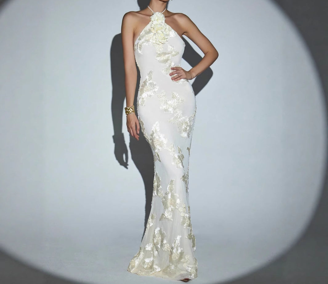 3D Flower Embellished Mesh Embroidered Slim Fit Long Dress