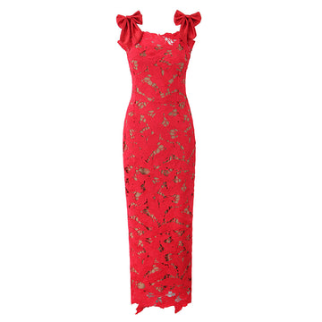 Christmas dress gown European and American Sexy Hollow Out Bow Waist Slimming Long Dress Strap Dress