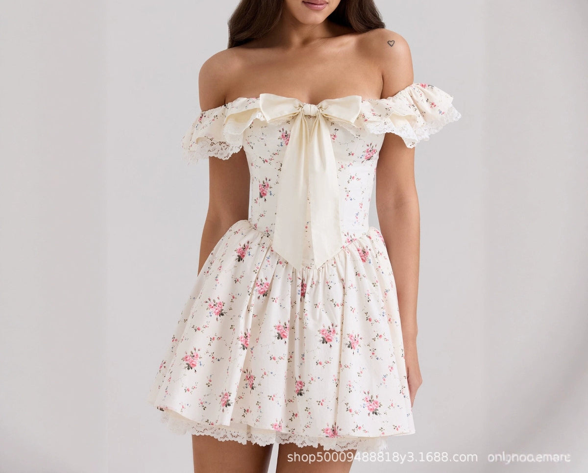 Princess Sweet Shoulder Bow Floral Lace dress Women