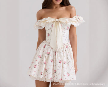 Princess Sweet Shoulder Bow Floral Lace dress Women