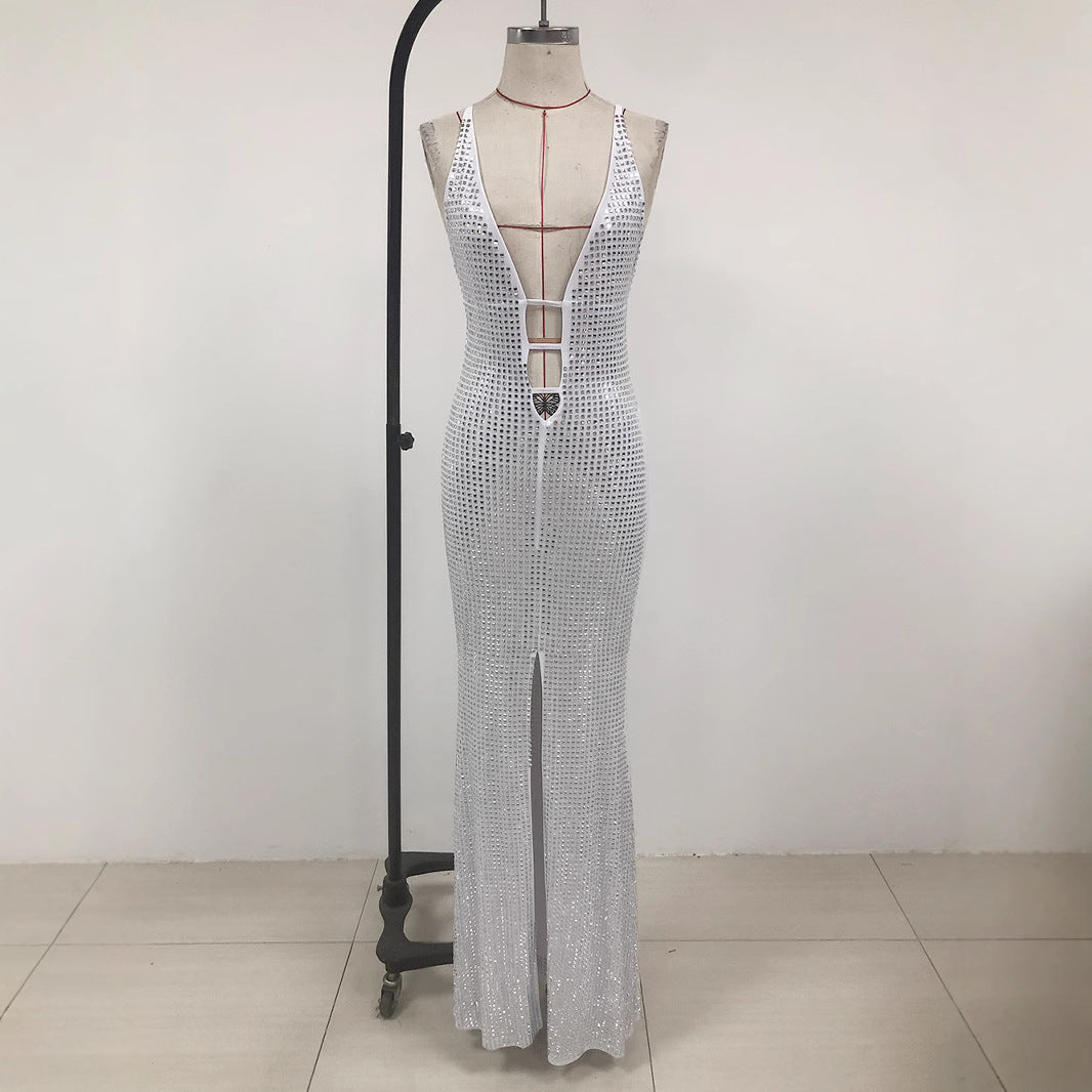 Solid Color with Deep Rhinestones v Off-Shoulder Backless Bodycon High-Slit Halter Neck Dress