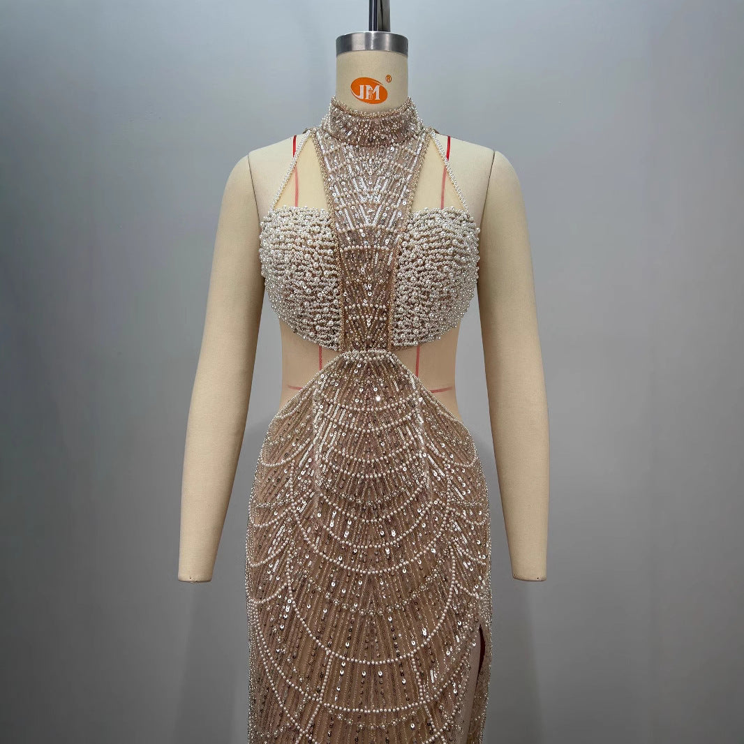 Sleeveless Halter Neck Beaded Pearl Sequin Slim Fit Split Long Dress Evening Gown