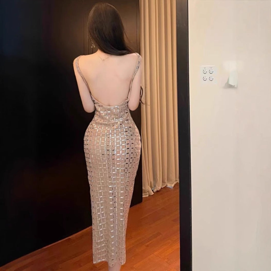 Sexy Split Backless V Collar Strap Dress Luxurious High-End Sparkling Diamond Evening Dress