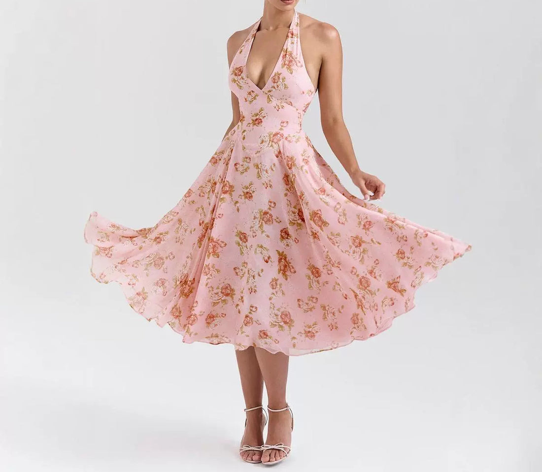 French Retro Romantic Print Halter Neck V-Neck Dress Backless Vacation Long Dress