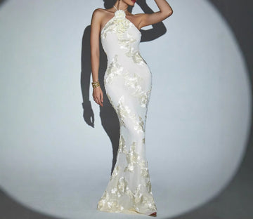 3D Flower Embellished Mesh Embroidered Slim Fit Long Dress