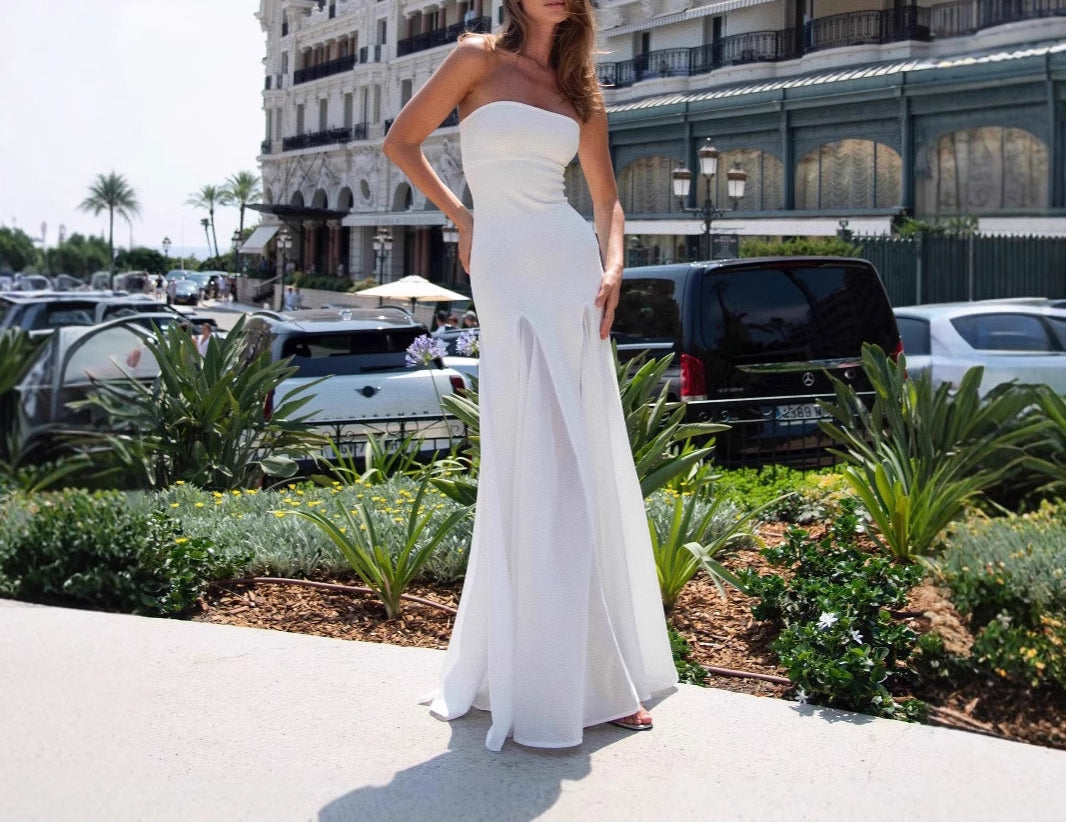 Sheer Mesh Bandage Patchwork Long Dress Off-Shoulder Scarf High-End Gown Dress