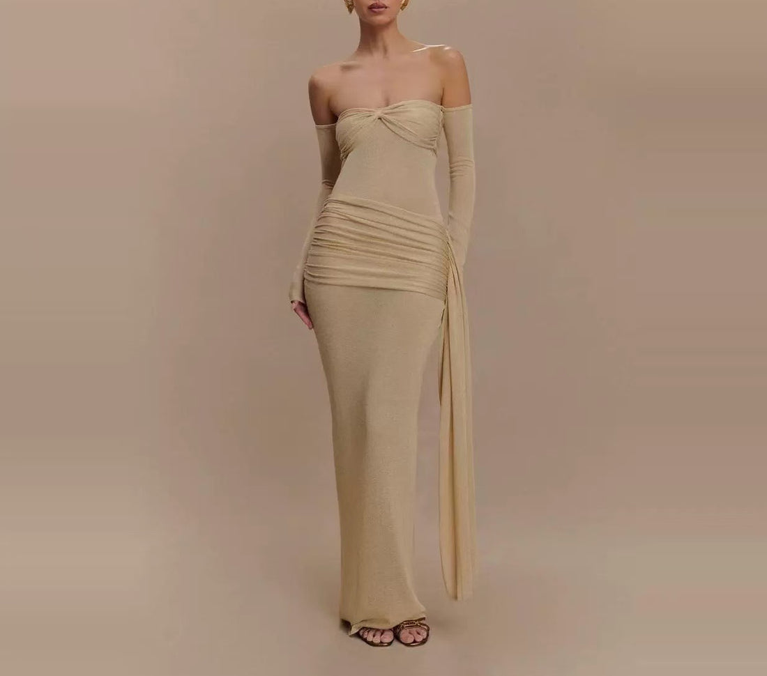 Off-Shoulder Ruched Dress Elegant Slim Fit Sexy Slimming Strapless Ribbon Long Dress