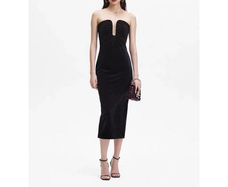 2023Autumn Winter New Elegant Black Velvet Strapless Sexy Elegant Dress for Women
