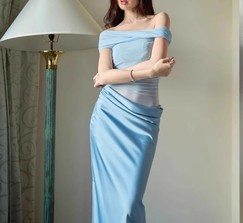Women's Pleated off-shoulder Mesh Patchwork Satin dress Dress