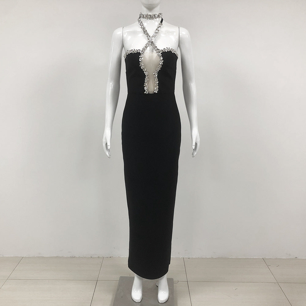 Exquisite Rhinestone Halter Slim Fit Bandage Slit Dress Sexy Socialite Temperament Dinner Party Catwalk Dress