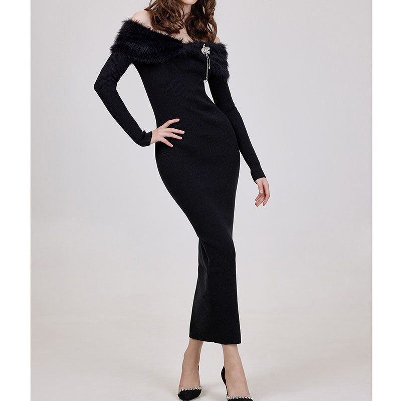 Dress Elegant Sexy Patchwork Fur Collar Off-Shoulder Waist Slim Knitted Long Dress with Rhinestone Decoration for Autumn and Winter