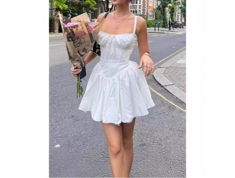 French Style Fishbone Strap Dress Summer Ballet Dopamine Outfit Sweet Waist-Cinching Little White Dress