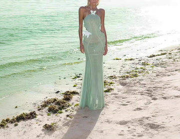 Sexy Beach Vacation Waist-Cinching Green Halter Neck Dress