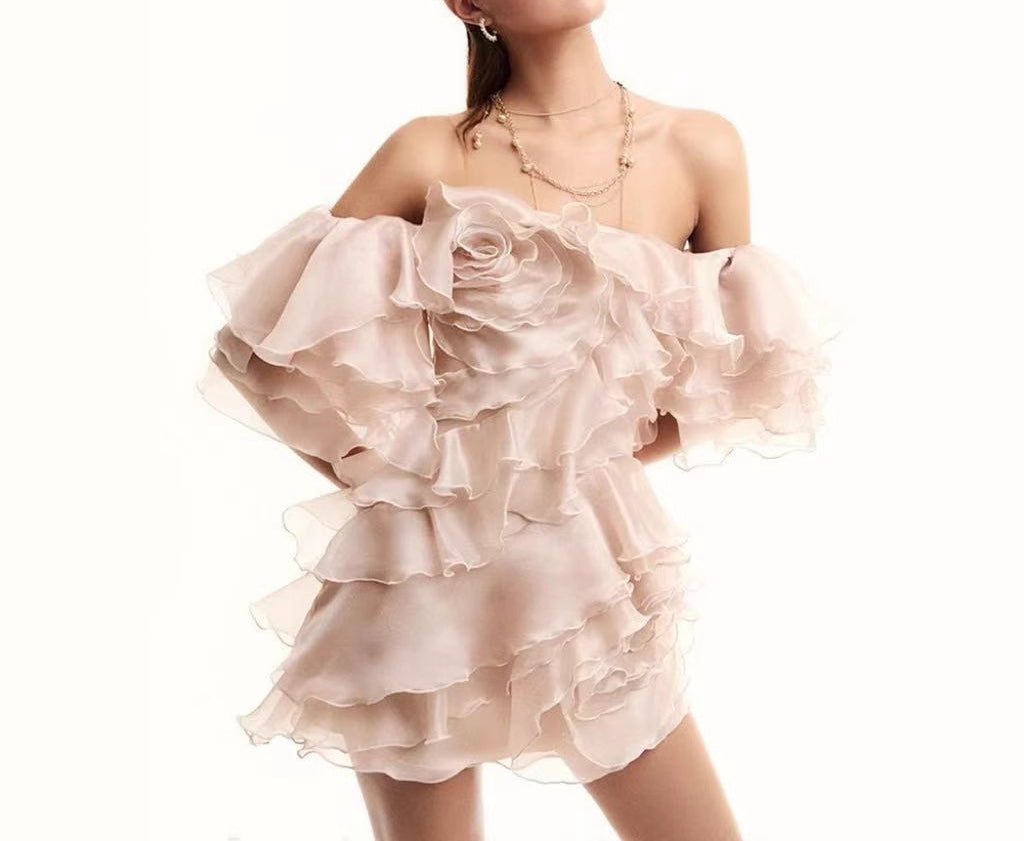 Pure Desire Style Ruffle Dress for Women, Elegant Slim Fit Off-Shoulder Short Dress