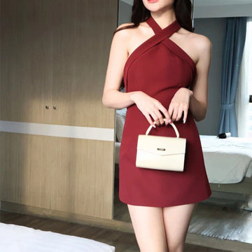 Dress with Cross Straps, Bow Tie, Burgundy Christmas Atmosphere, Off-Shoulder, Backless, Sexy Short Dress for Summer