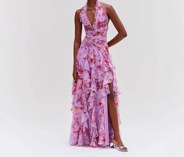 Summer Sleeveless Neck Floral Sexy Lotus Leaf Dress Sweet