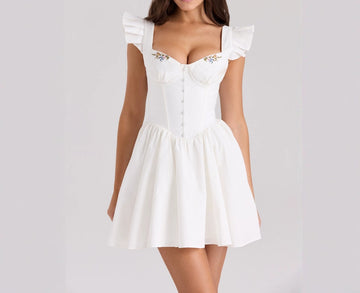 Fresh and Sweet Flutter Sleeve Fishbone Waist Slimming Embroidered Square Neck Mini Dress for Women