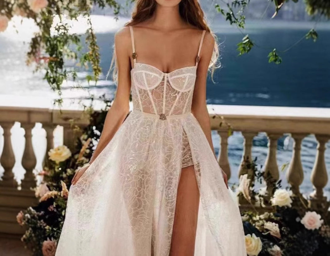 Strappy Lace Sheer Beach Bridal Wedding Dress Floor-Length Sexy Gown