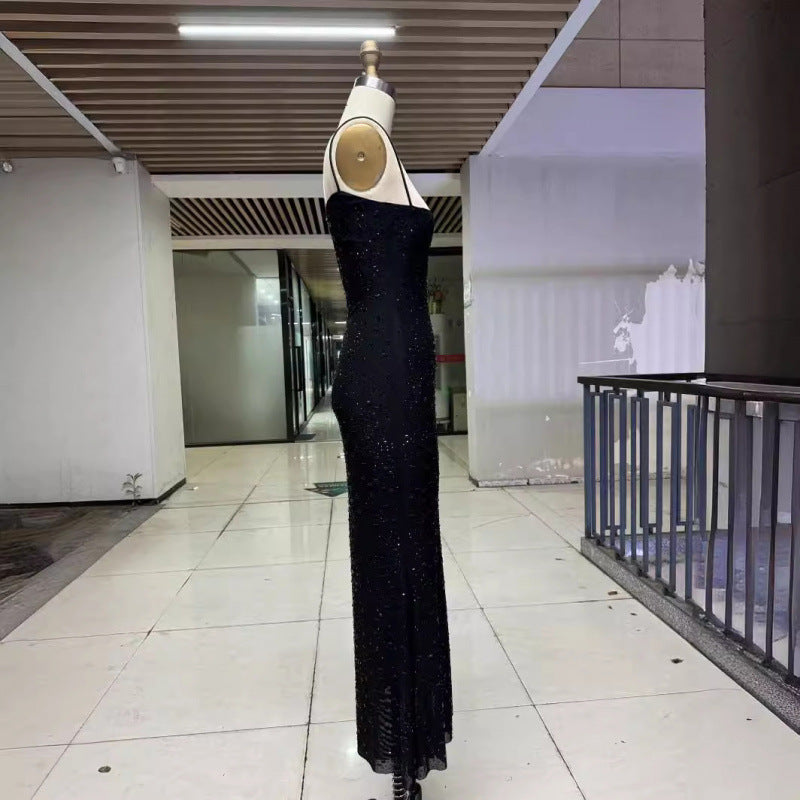Black Sparkling Rhinestone Strap Dress High-End Luxury Slimming Niche Party Birthday Sexy Long Gown