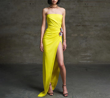 Yellow Three-Dimensional Embroidered Dress Long Tube Top Dress