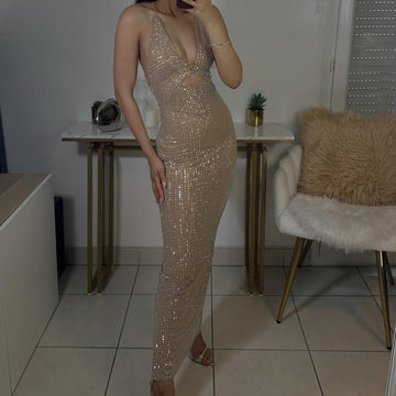 sexy women's clothing hot drilling mesh sling long dress women's style