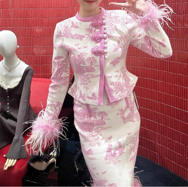 Pink Ostrich Feather Jacquard Sweater Midi Dress Knit Set Top