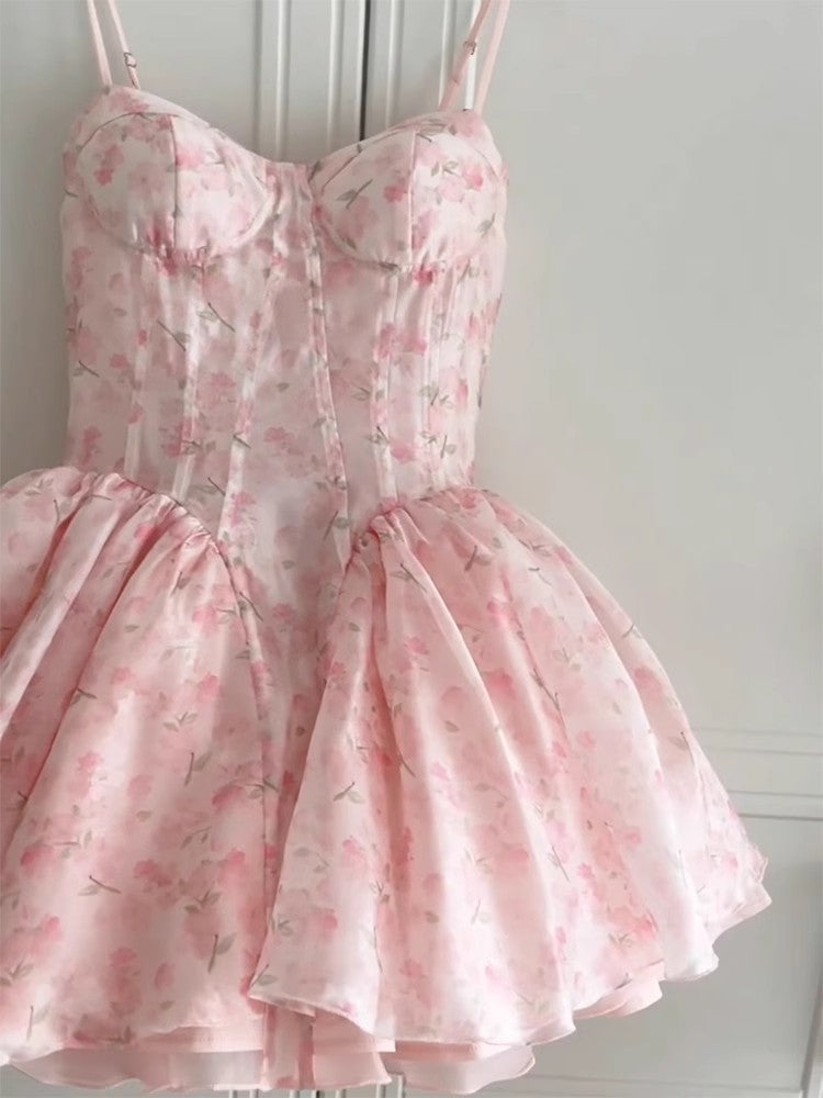 French Niche Design Princess Dress Organza Elegant Pink Floral Strap Puff Short Dress