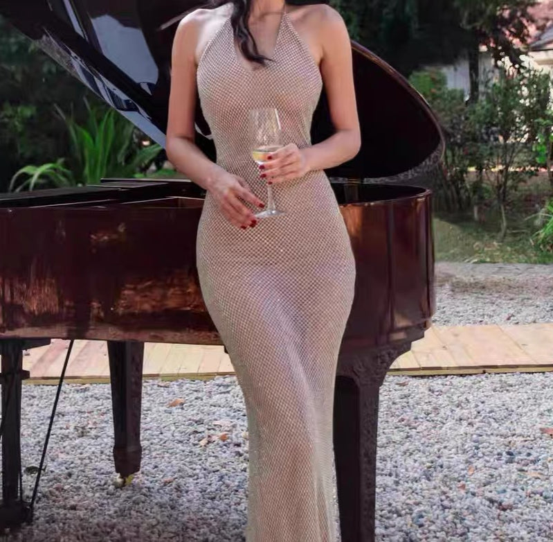 Halter Neck Bow Tie Strap Backless Mesh Rhinestone Slim Fit Elegant Dress for Women
