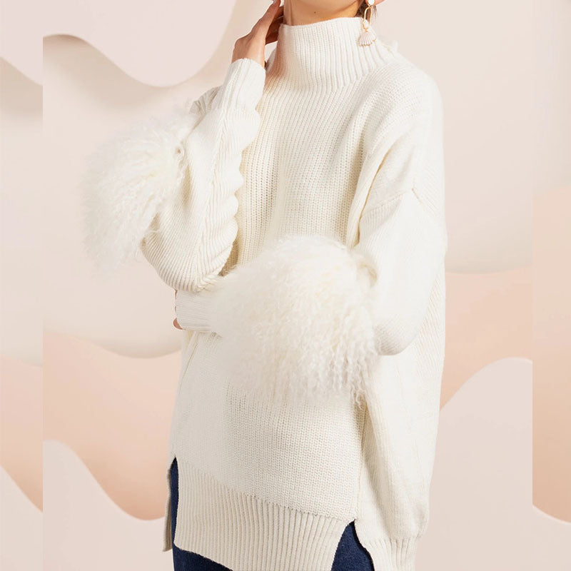 High Neck White Sweater Autumn Winter Loose Top Slightly Long Slightly Split Sleeves Furry Decoration Women
