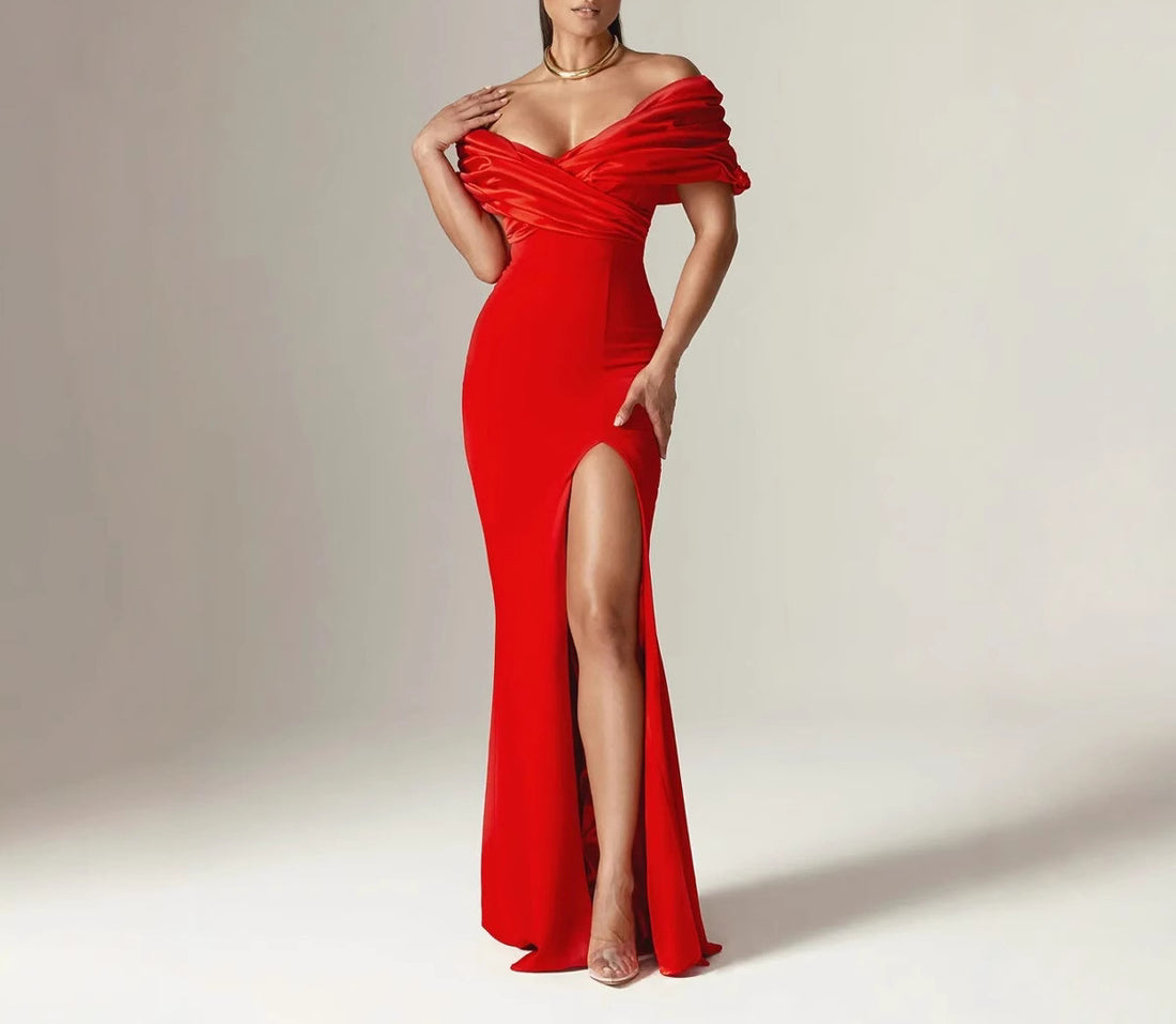 Evening Dress Off-Shoulder Sexy Split Dress Strapless Solid Color Ruched Bodycon