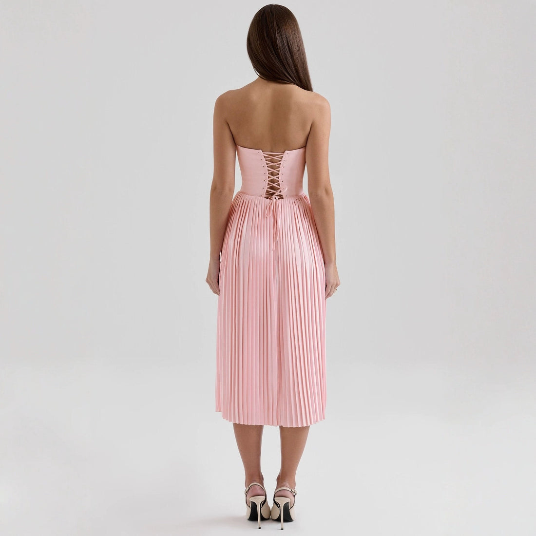 Elegant Strapless Long Dress Vacation Waist-Cinching Backless Pleated Dress Gown