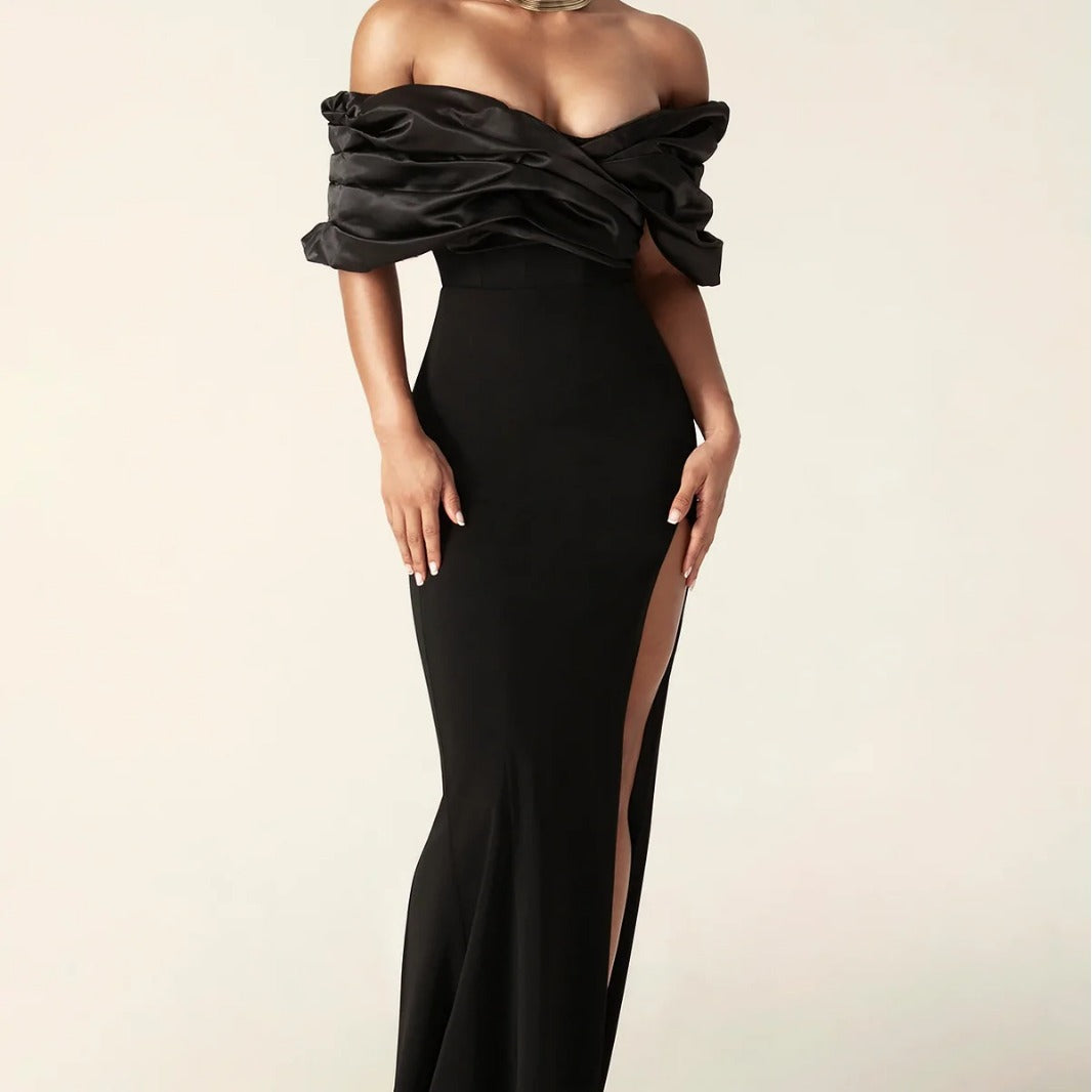 Off-Shoulder Sexy Split Dress Strapless Solid Color Ruched Bodycon Dress