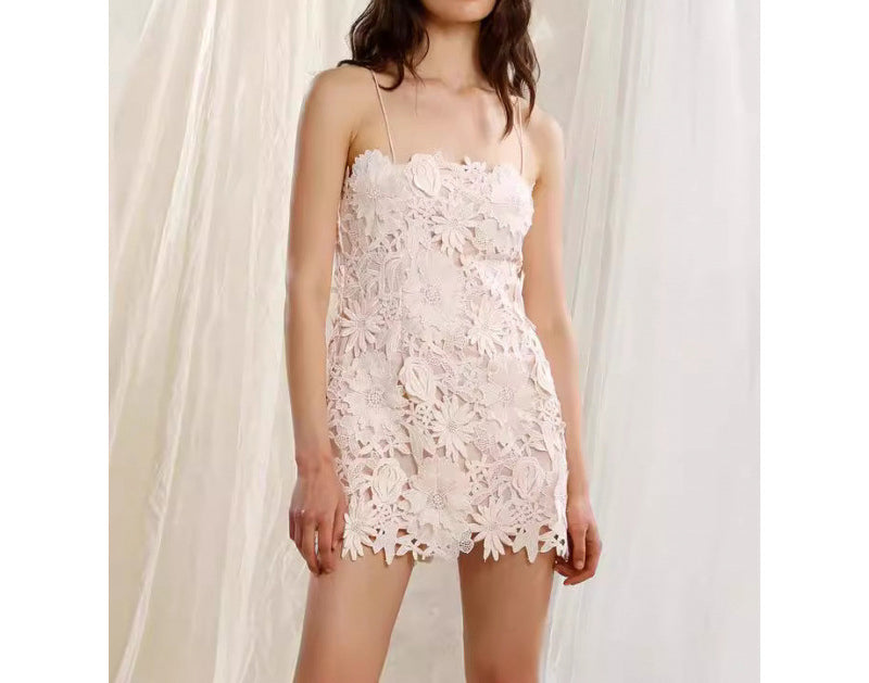 Sweet and Elegant Heavy Craft Floral High-end Pure Desire Strap Dress
