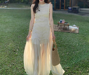 Heavy Mesh Patchwork Vest Dress New High-End Light Luxury Long Dress for Women